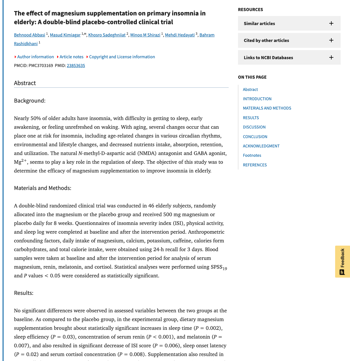 Title and abstract of The effect of magnesium supplementation on primary insomnia in elderly: A double-blind placebo-controlled clinical trial