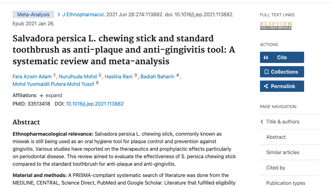 Title and abstract of Salvadora persica L. chewing stick and standard toothbrush as anti-plaque and anti-gingivitis tool: A systematic review and meta-analysis.