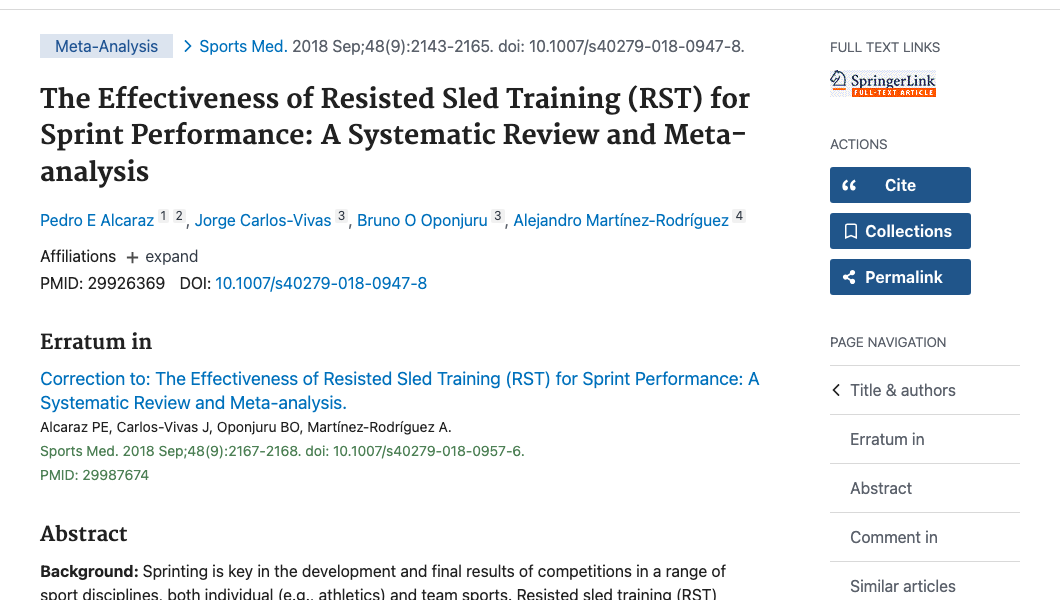 Title and abstract of The Effectiveness of Resisted Sled Training (RST) for Sprint Performance: A Systematic Review and Meta-analysis.