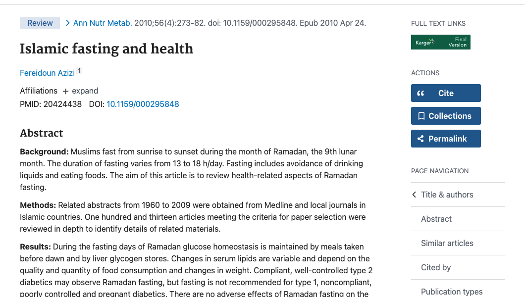 Title and abstract of Islamic Fasting and Health
