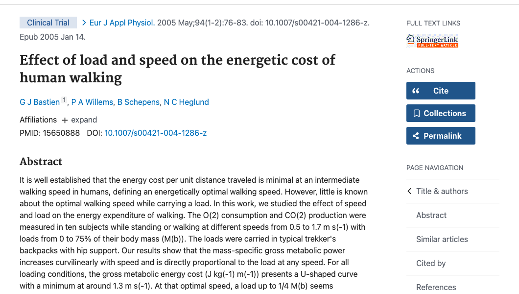 Title and abstract of Effect of load and speed on the energetic cost of human walking
