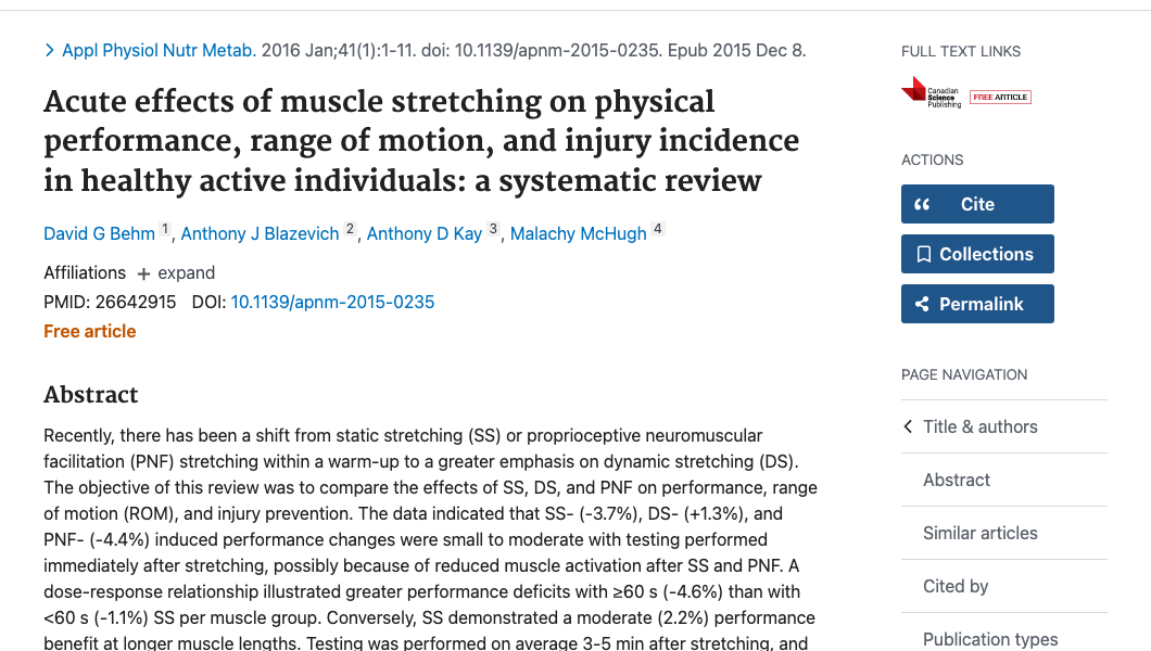Title and abstract of Acute effects of muscle stretching on physical performance, range of motion, and injury incidence