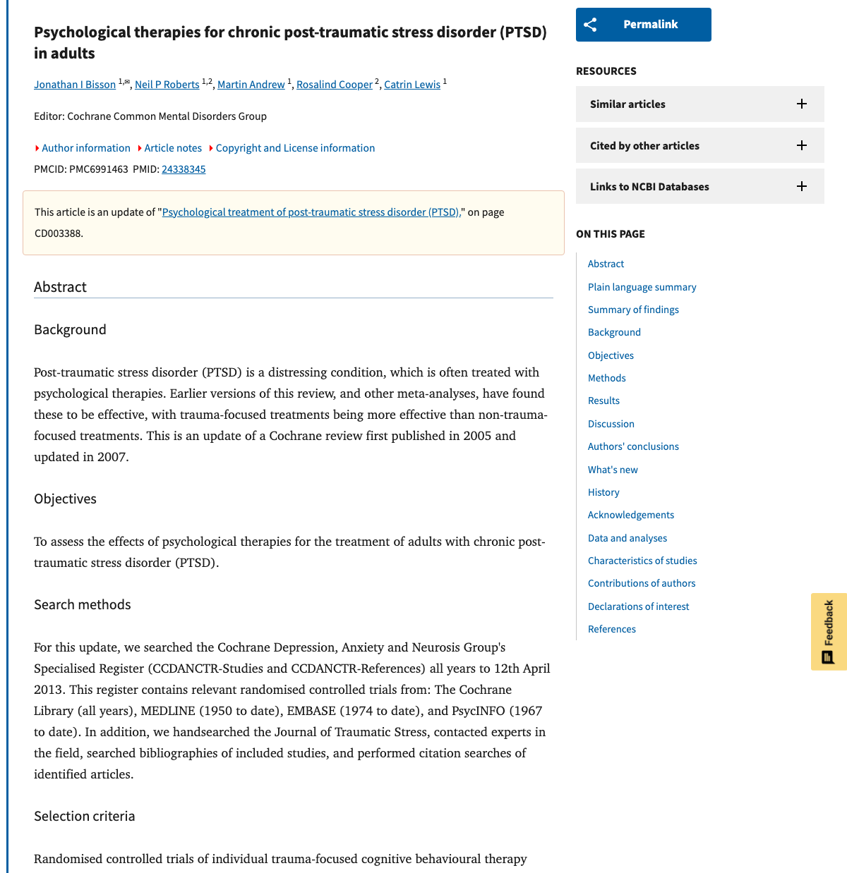 Title and abstract of Psychological therapies for chronic post-traumatic stress disorder (PTSD) in adults
