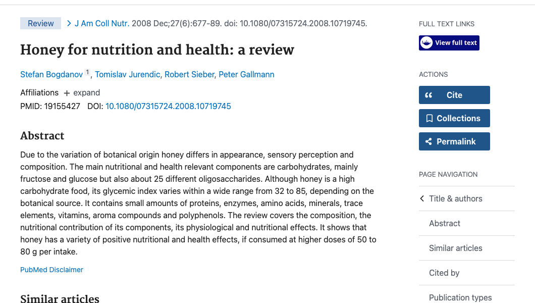 Title and abstract of Honey for nutrition and health: a review