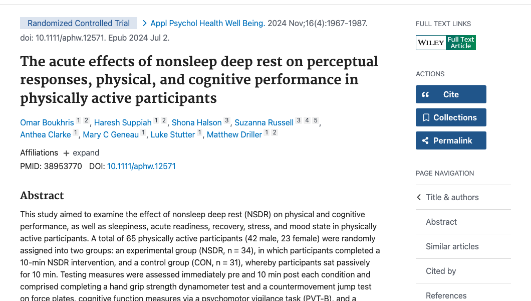 Title and abstract of The acute effects of nonsleep deep rest on perceptual responses, physical, and cognitive performance in physically active participants.