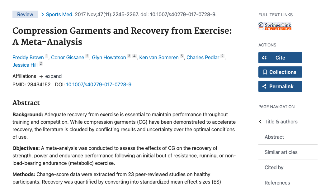 Title and abstract of Compression Garments and Recovery from Exercise: A Meta-Analysis.