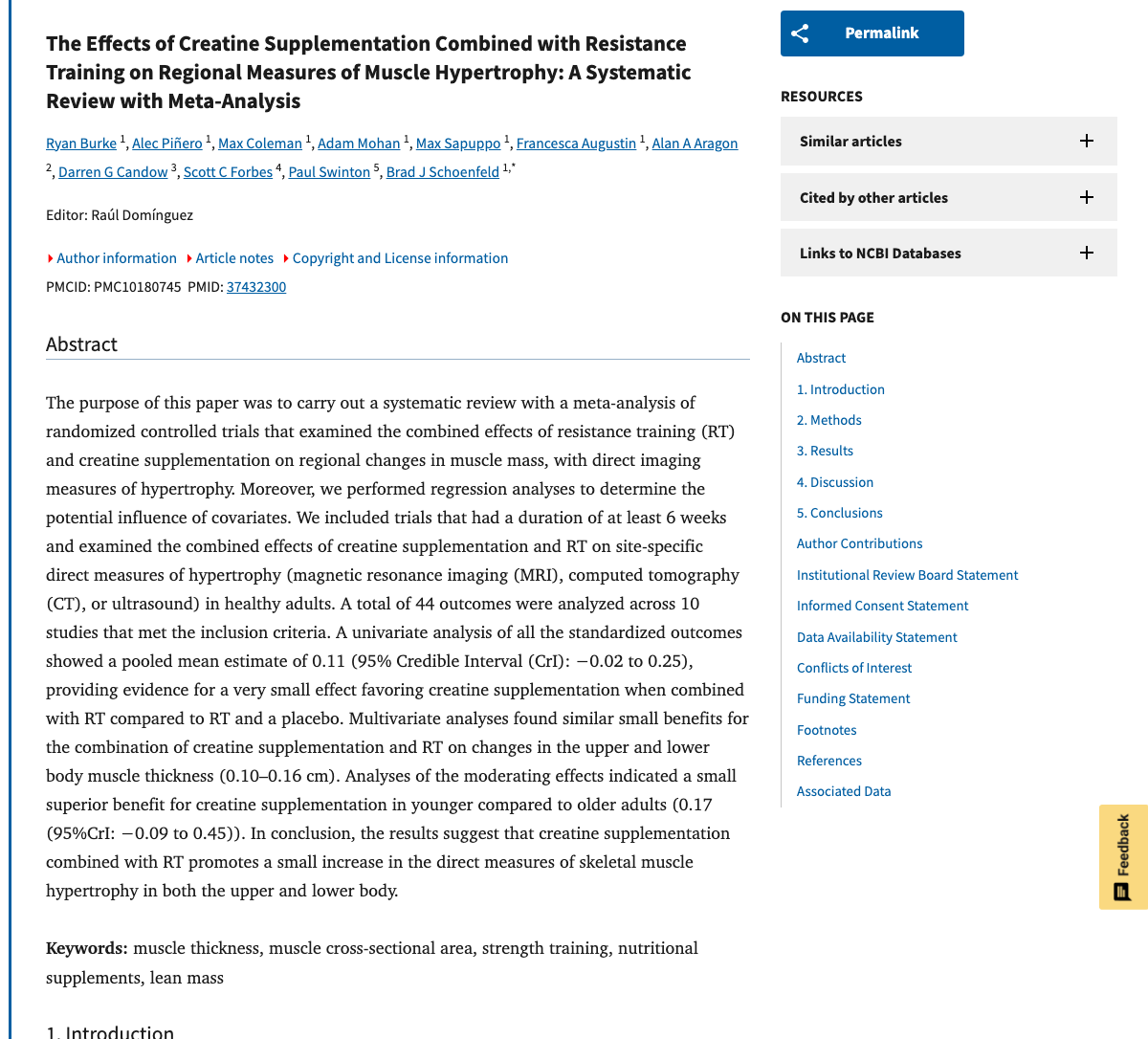 Title and abstract of The Effects of Creatine Supplementation Combined with Resistance Training on Regional Measures of Muscle Hypertrophy: A Systematic Review with Meta-Analysis.