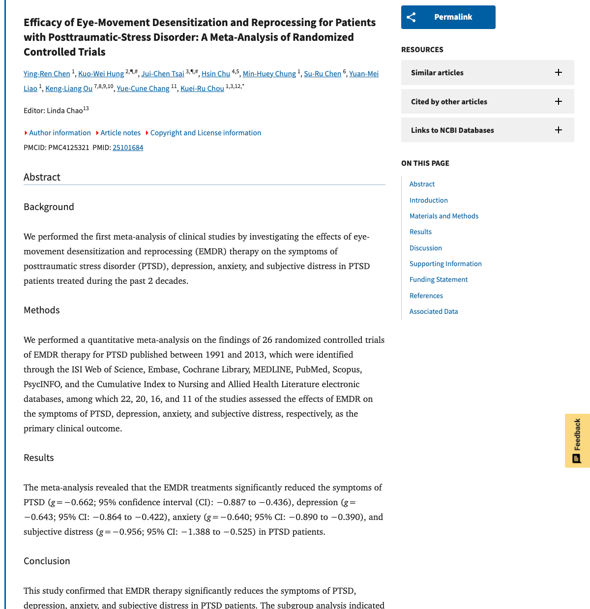 Title and abstract of Efficacy of Eye Movement Desensitization and Reprocessing for Patients with Posttraumatic Stress Disorder: A Meta-Analysis of Randomized Controlled Trials