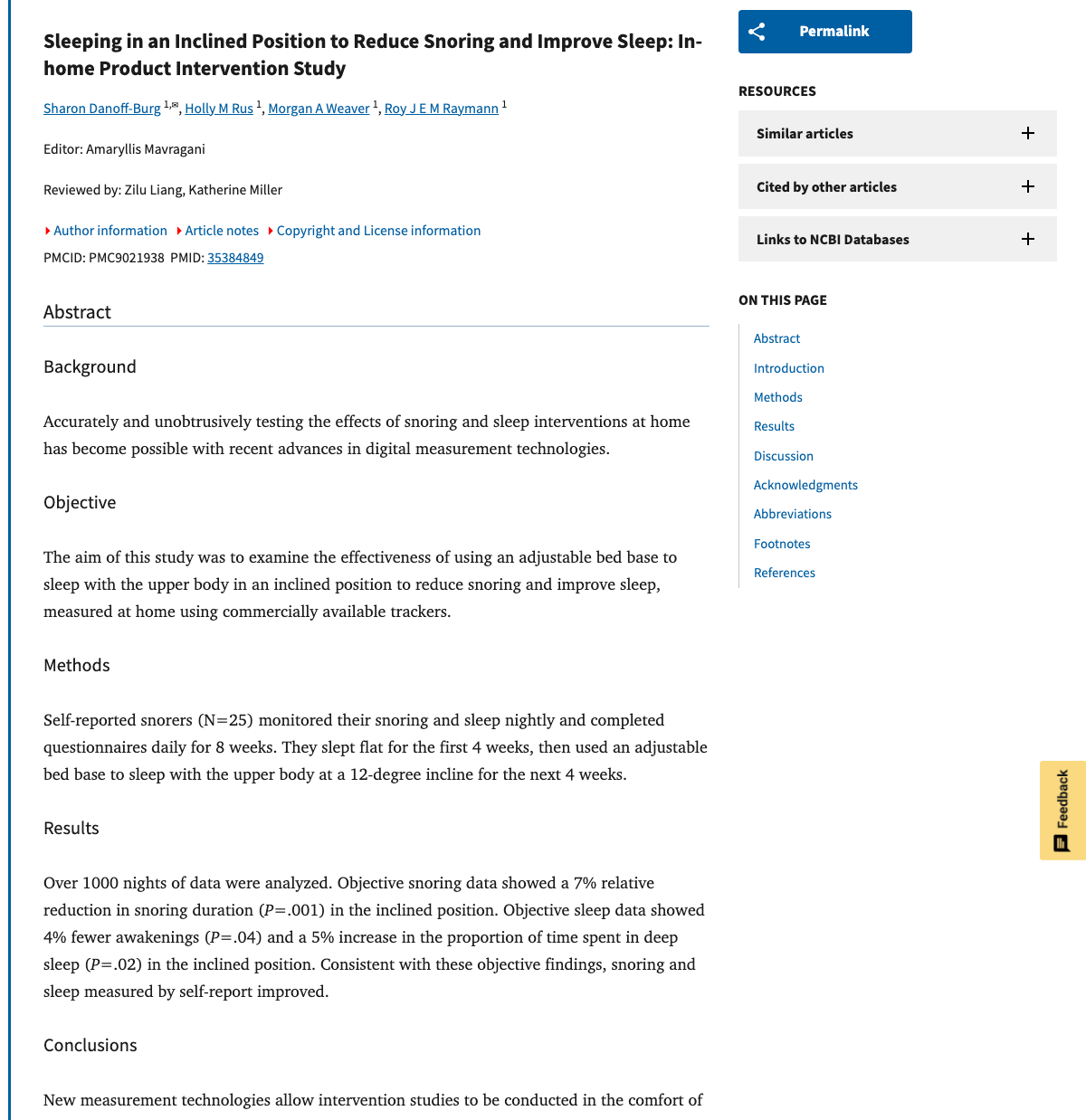 Title and abstract of Sleeping in an Inclined Position to Reduce Snoring and Improve Sleep - In-home Product Intervention Study