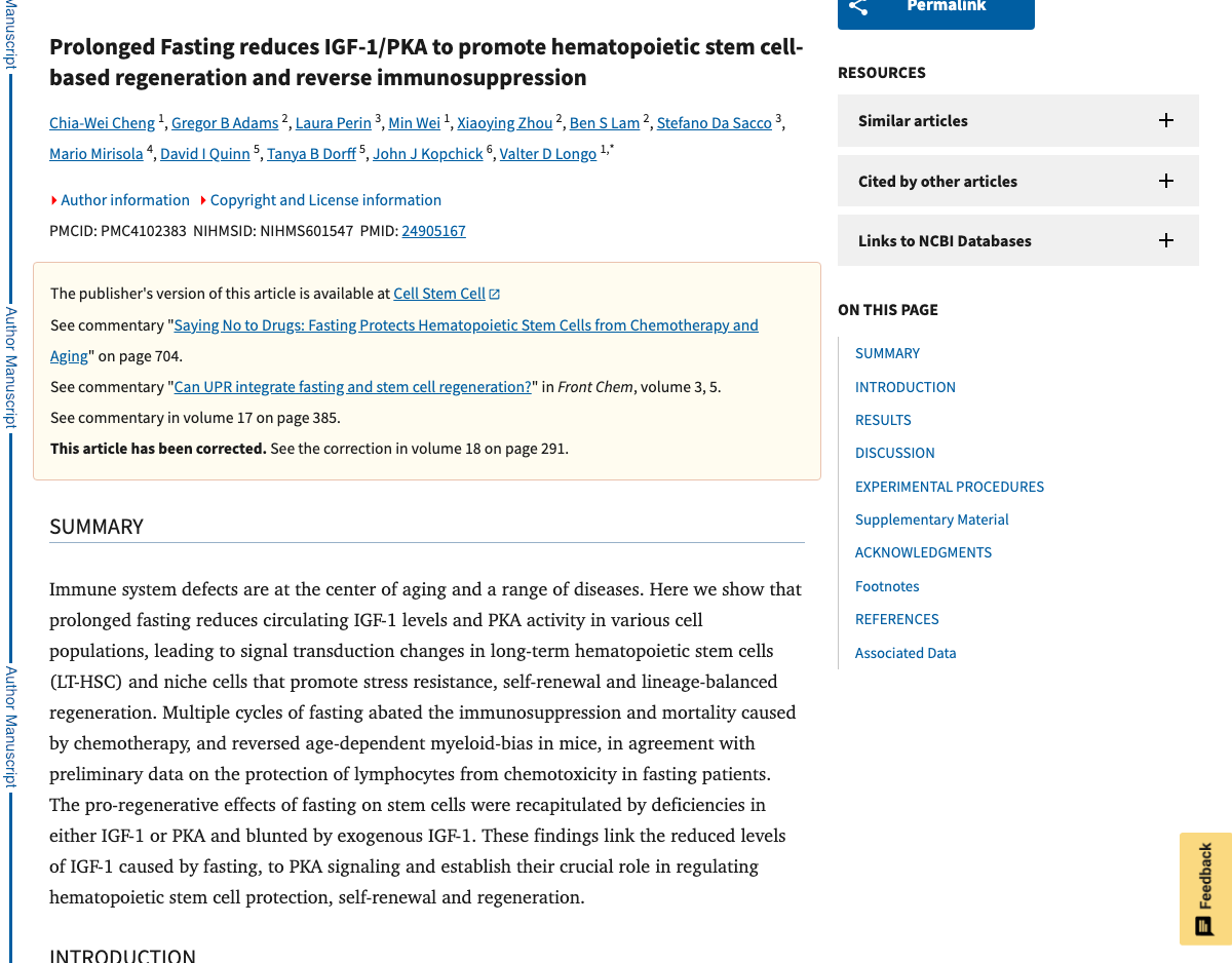 Title and abstract of Prolonged Fasting Reduces IGF-1/PKA to Promote Hematopoietic-Stem-Cell-Based Regeneration and Reverse Immunosuppression