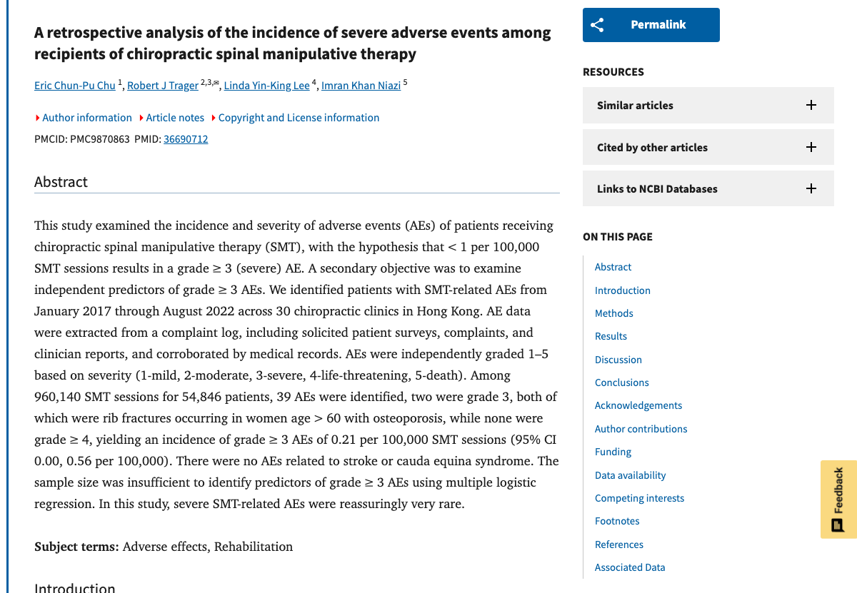 Title and abstract of A retrospective analysis of the incidence of severe adverse events among recipients of chiropractic spinal manipulative therapy.