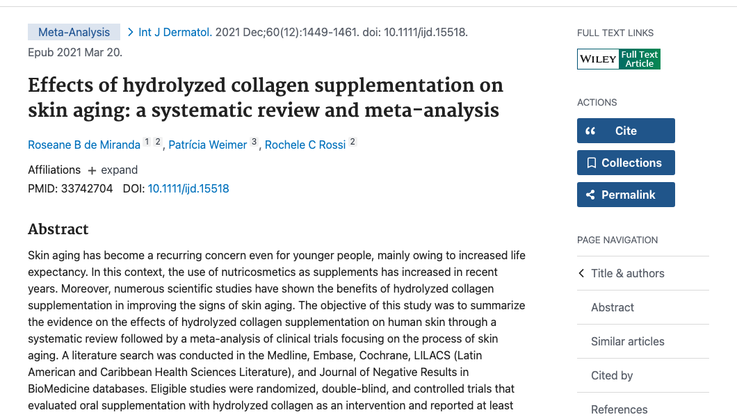 Title and abstract of Effects of hydrolyzed collagen supplementation on skin aging: a systematic review and meta-analysis.