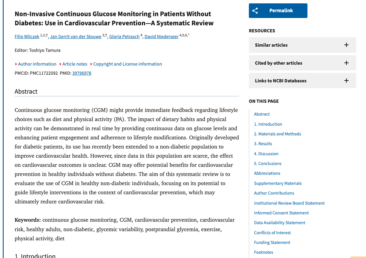 Title and abstract of Non-Invasive Continuous Glucose Monitoring in Patients Without Diabetes: Use in Cardiovascular Prevention, A Systematic Review