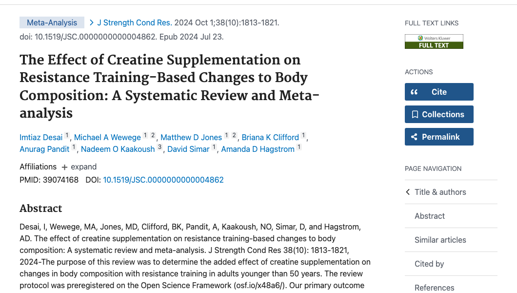 Title and abstract of The Effect of Creatine Supplementation on Resistance Training-Based Changes to Body Composition: A Systematic Review and Meta-analysis.