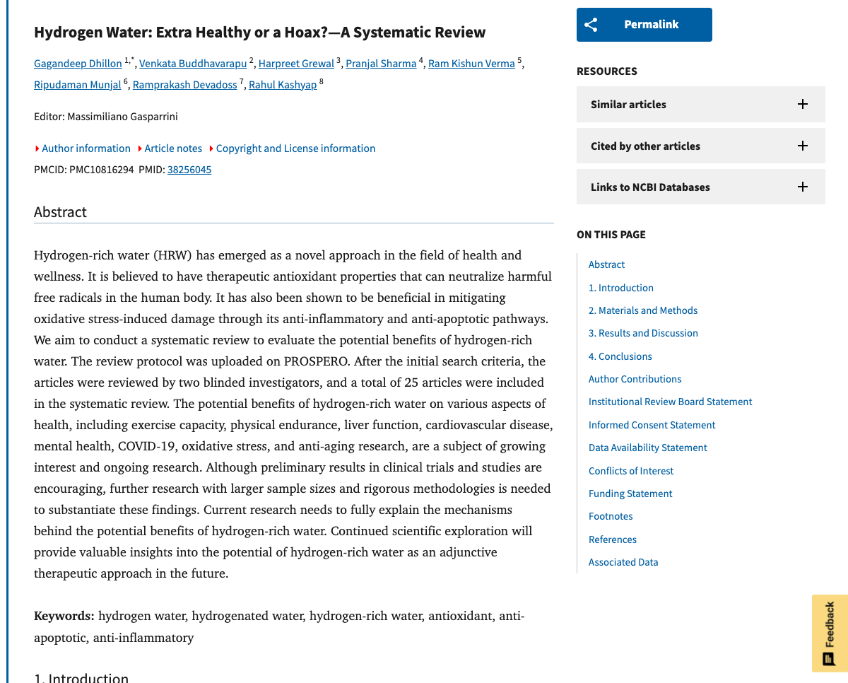 Title and abstract of Hydrogen Water: Extra Healthy or a Hoax?-A Systematic Review.