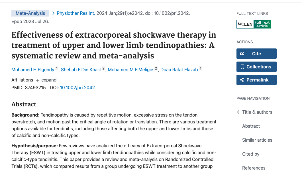 Title and abstract of Effectiveness of extracorporeal shockwave therapy in treatment of upper and lower limb tendinopathies: A systematic review and meta-analysis.