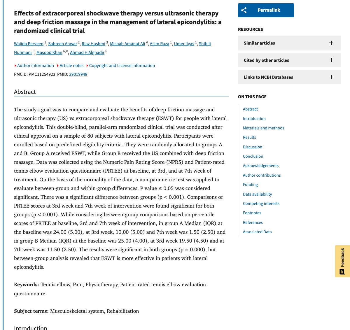 Title and abstract of Effects of Extracorporeal Shockwave Therapy Versus Ultrasonic Therapy and Deep Friction Massage in Lateral Epicondylitis