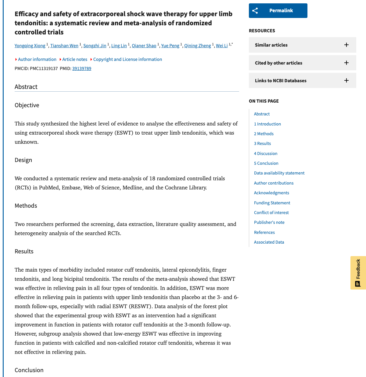 Title and abstract of Efficacy and Safety of Extracorporeal Shock Wave Therapy for Upper Limb Tendonitis - A Systematic Review and Meta-analysis