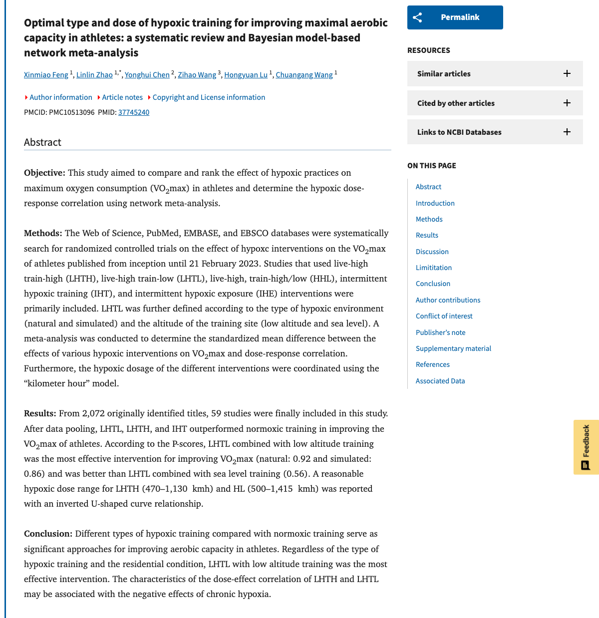 Title and abstract of Optimal type and dose of hypoxic training for improving maximal aerobic capacity in athletes: a systematic review and Bayesian model-based network meta-analysis.
