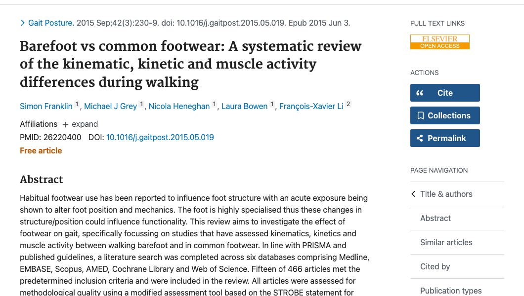 Title and abstract of Barefoot vs Common Footwear: A Systematic Review of the Kinematic, Kinetic and Muscle Activity Differences During Walking
