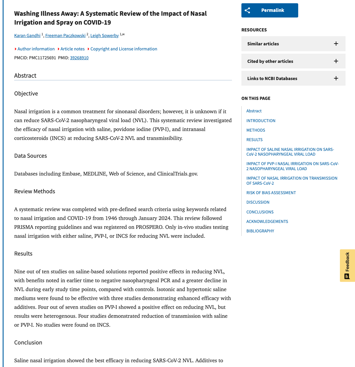 Title and abstract of Washing Illness Away: A Systematic Review of the Impact of Nasal Irrigation and Spray on COVID-19.