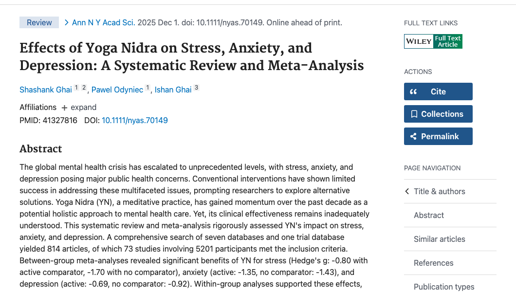 Title and abstract of Effects of Yoga Nidra on Stress, Anxiety, and Depression: A Systematic Review and Meta-Analysis.