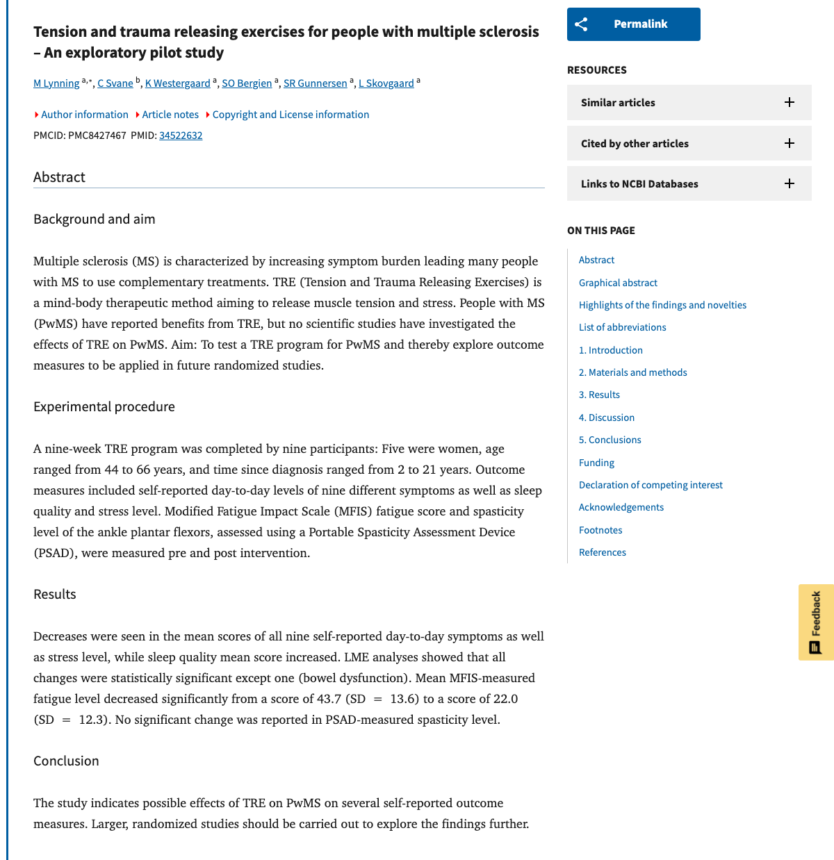 Title and abstract of Tension and trauma releasing exercises for people with multiple sclerosis - An exploratory pilot study