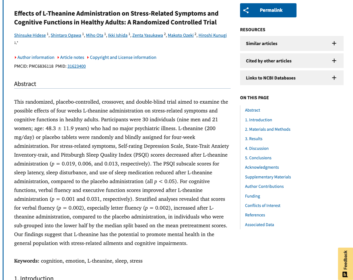 Title and abstract of Effects of L-Theanine Administration on Stress-Related Symptoms and Cognitive Functions in Healthy Adults: A Randomized Controlled Trial