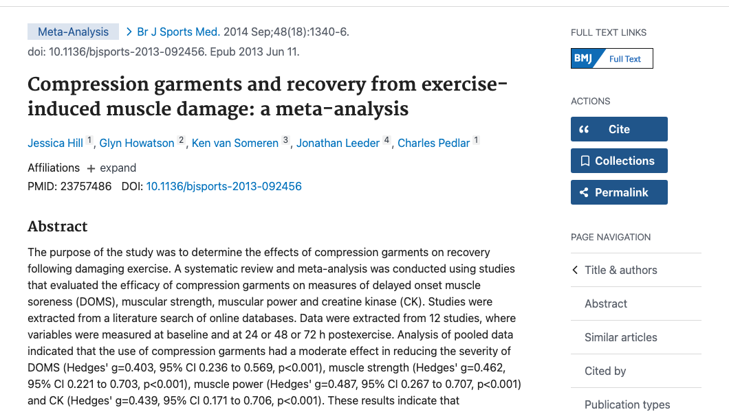Title and abstract of Compression garments and recovery from exercise-induced muscle damage: a meta-analysis.