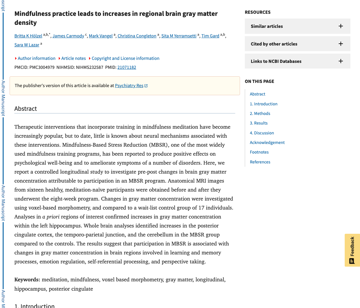 Title and abstract of Mindfulness practice leads to increases in regional brain gray matter density
