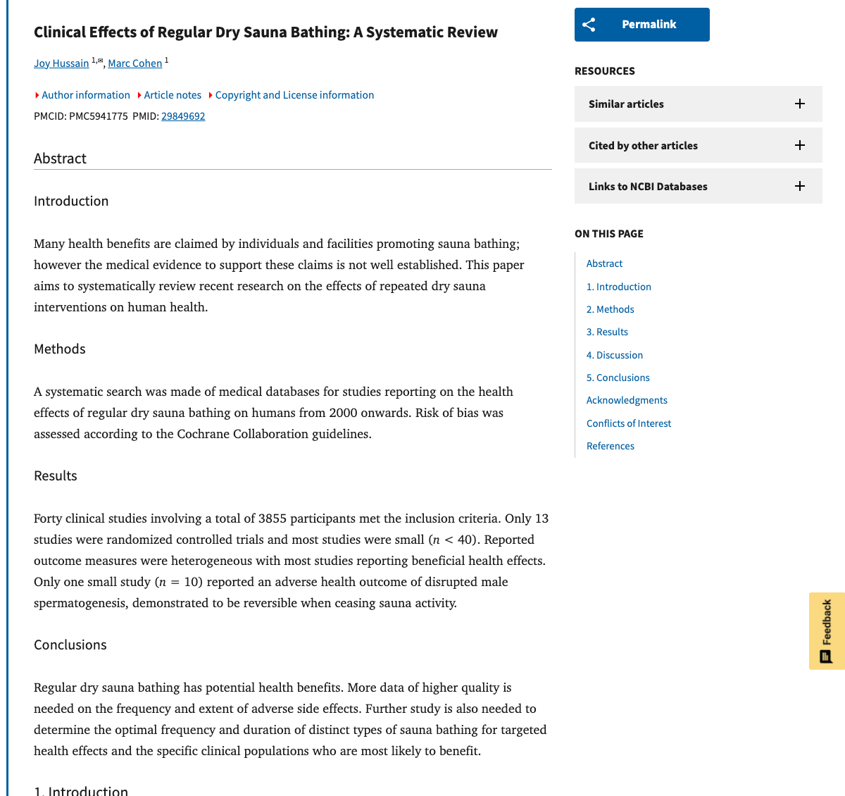 Title and abstract of Clinical Effects of Regular Dry Sauna Bathing: A Systematic Review.