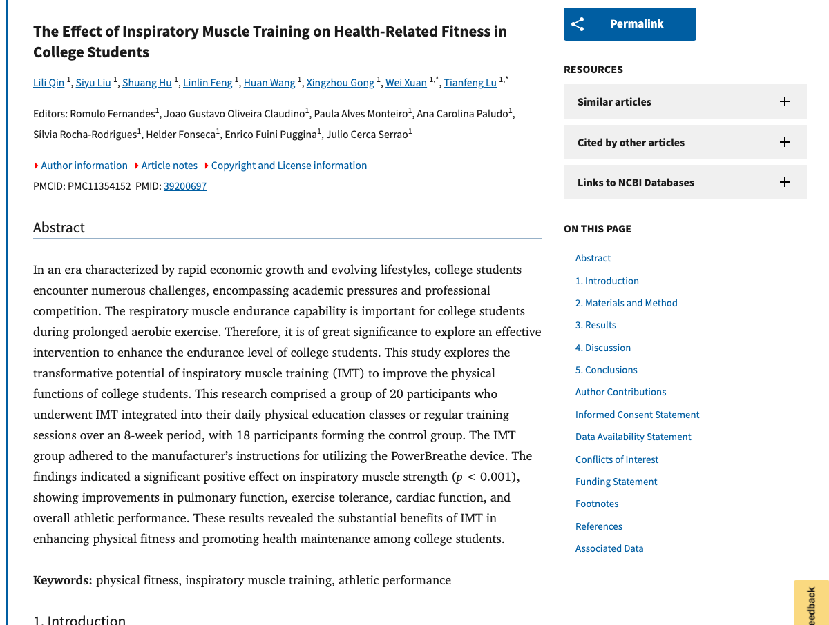 Title and abstract of The Effect of Inspiratory Muscle Training on Health-Related Fitness in College Students