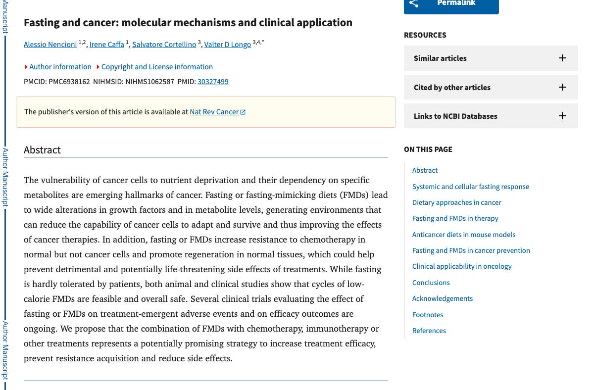 Title and abstract of Fasting and cancer: molecular mechanisms and clinical application