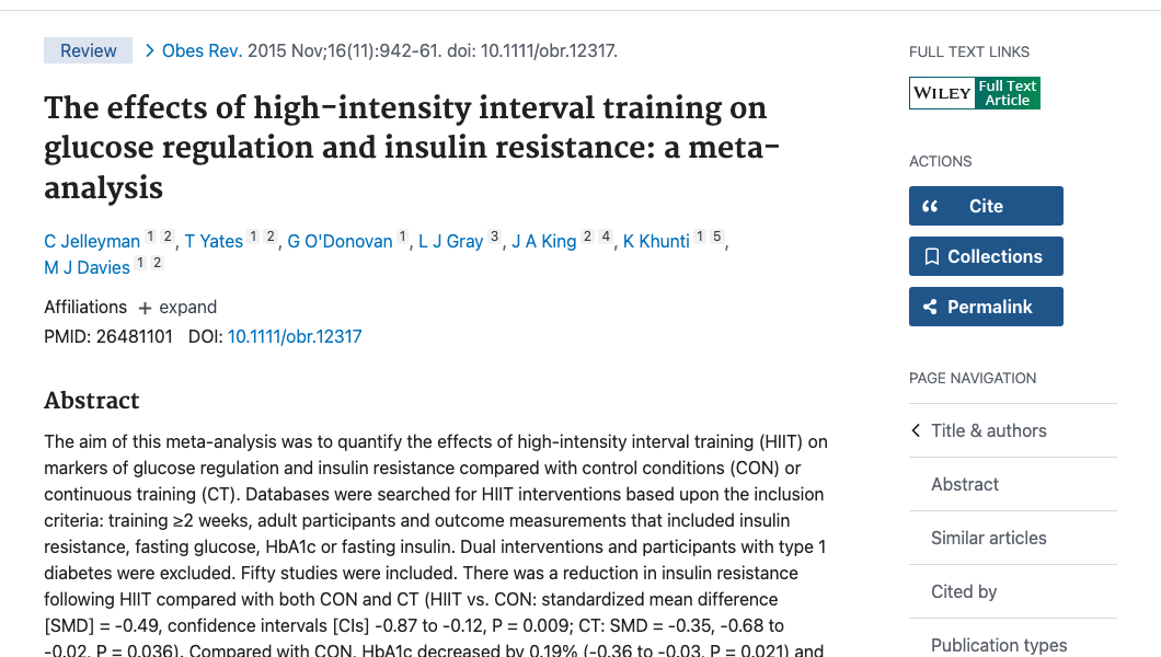 Title and abstract of The effects of high-intensity interval training on glucose regulation and insulin resistance: a meta-analysis.