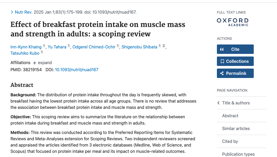 Title and abstract of Effect of breakfast protein intake on muscle mass and strength in adults: a scoping review.
