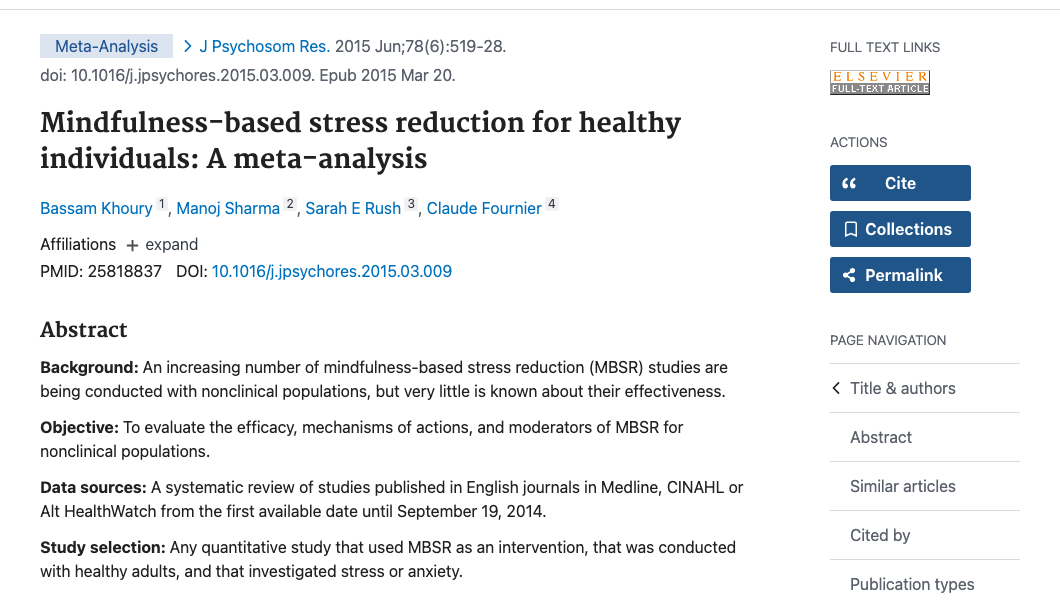 Title and abstract of Mindfulness-based stress reduction for healthy individuals: A meta-analysis