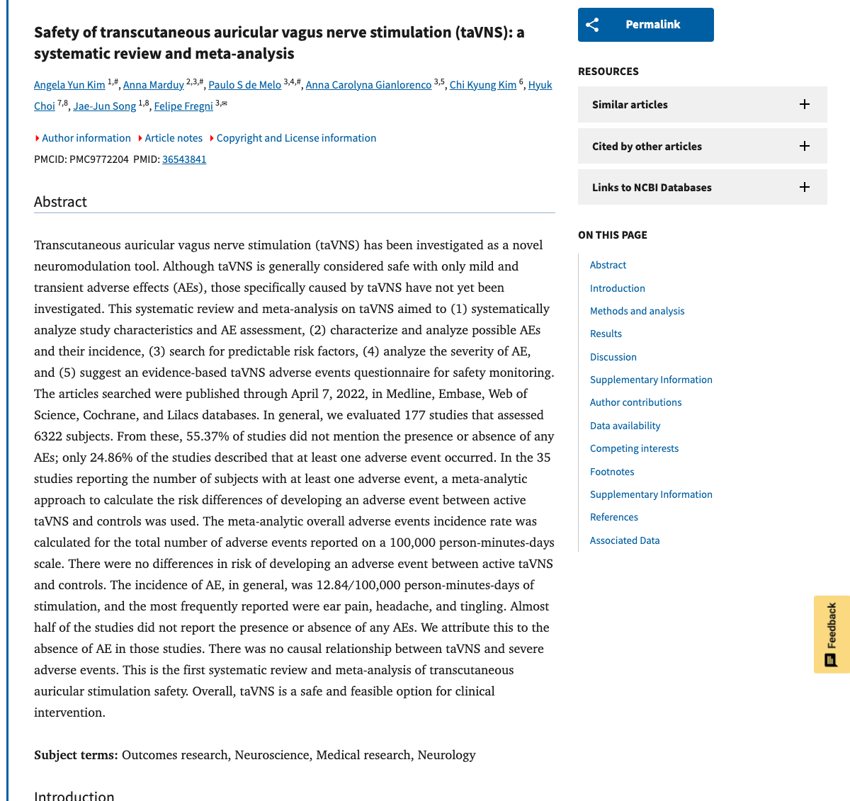 Title and abstract of Safety of transcutaneous auricular vagus nerve stimulation (taVNS): a systematic review and meta-analysis.