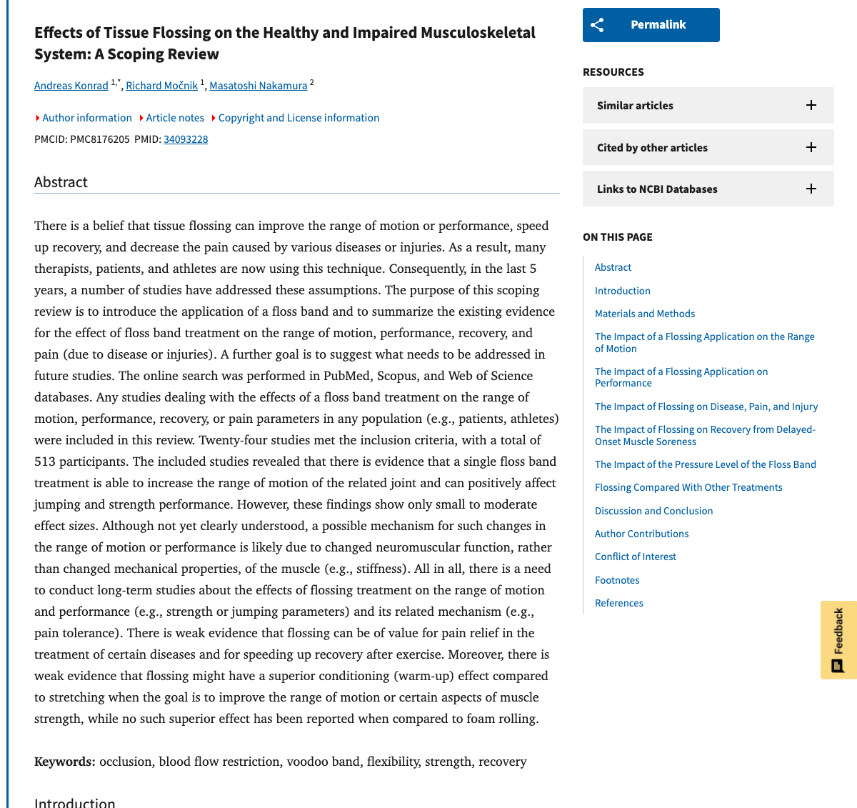 Title and abstract of Effects of Tissue Flossing on the Healthy and Impaired Musculoskeletal System: A Scoping Review