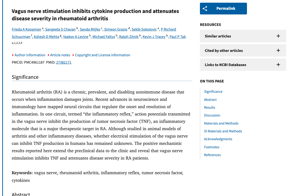 Title and abstract of Vagus nerve stimulation inhibits cytokine production and attenuates disease severity in rheumatoid arthritis
