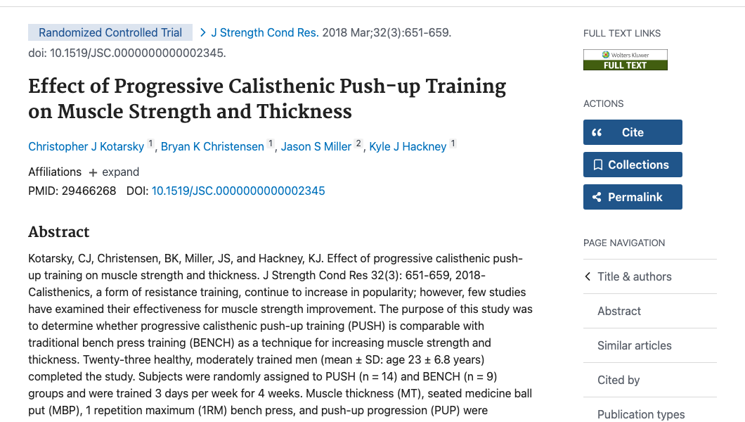 Title and abstract of Effect of Progressive Calisthenic Push-up Training on Muscle Strength and Thickness