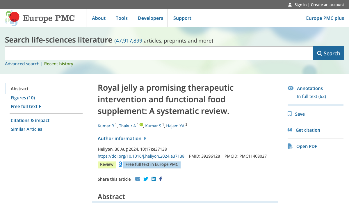 Title and abstract of Royal jelly a promising therapeutic intervention and functional food supplement: A systematic review.