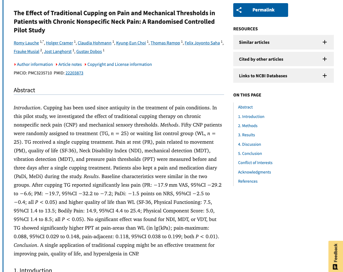Title and abstract of The effect of traditional cupping on pain and mechanical thresholds in patients with chronic nonspecific neck pain