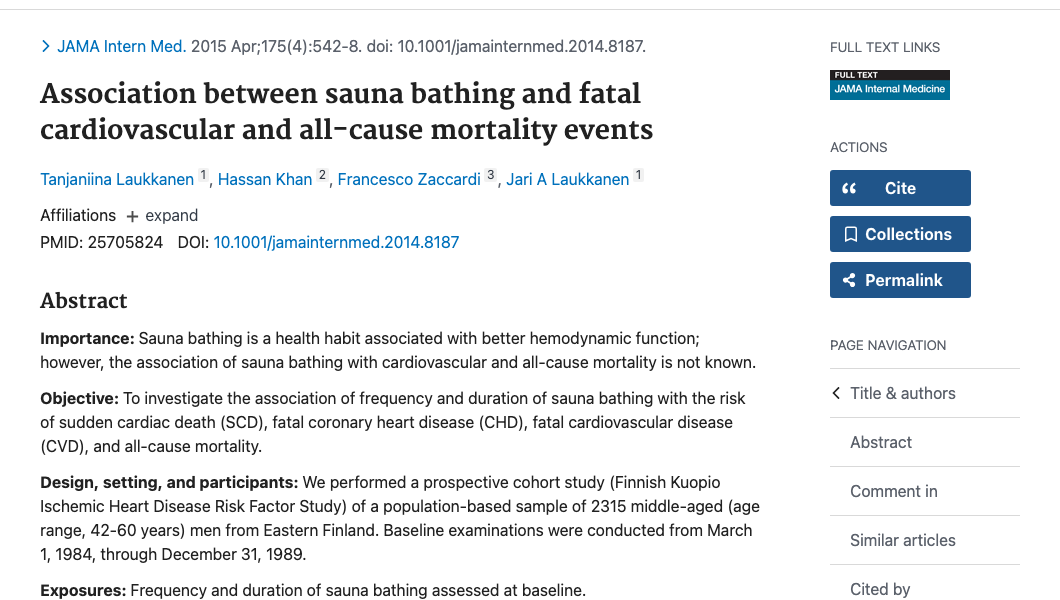 Title and abstract of Association between sauna bathing and fatal cardiovascular and all-cause mortality events