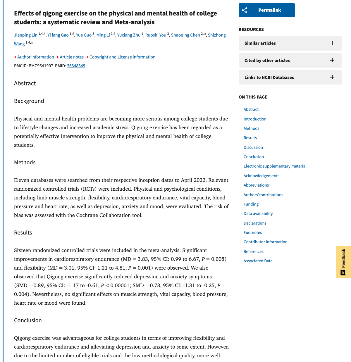 Title and abstract of Effects of qigong exercise on the physical and mental health of college students: a systematic review and Meta-analysis.