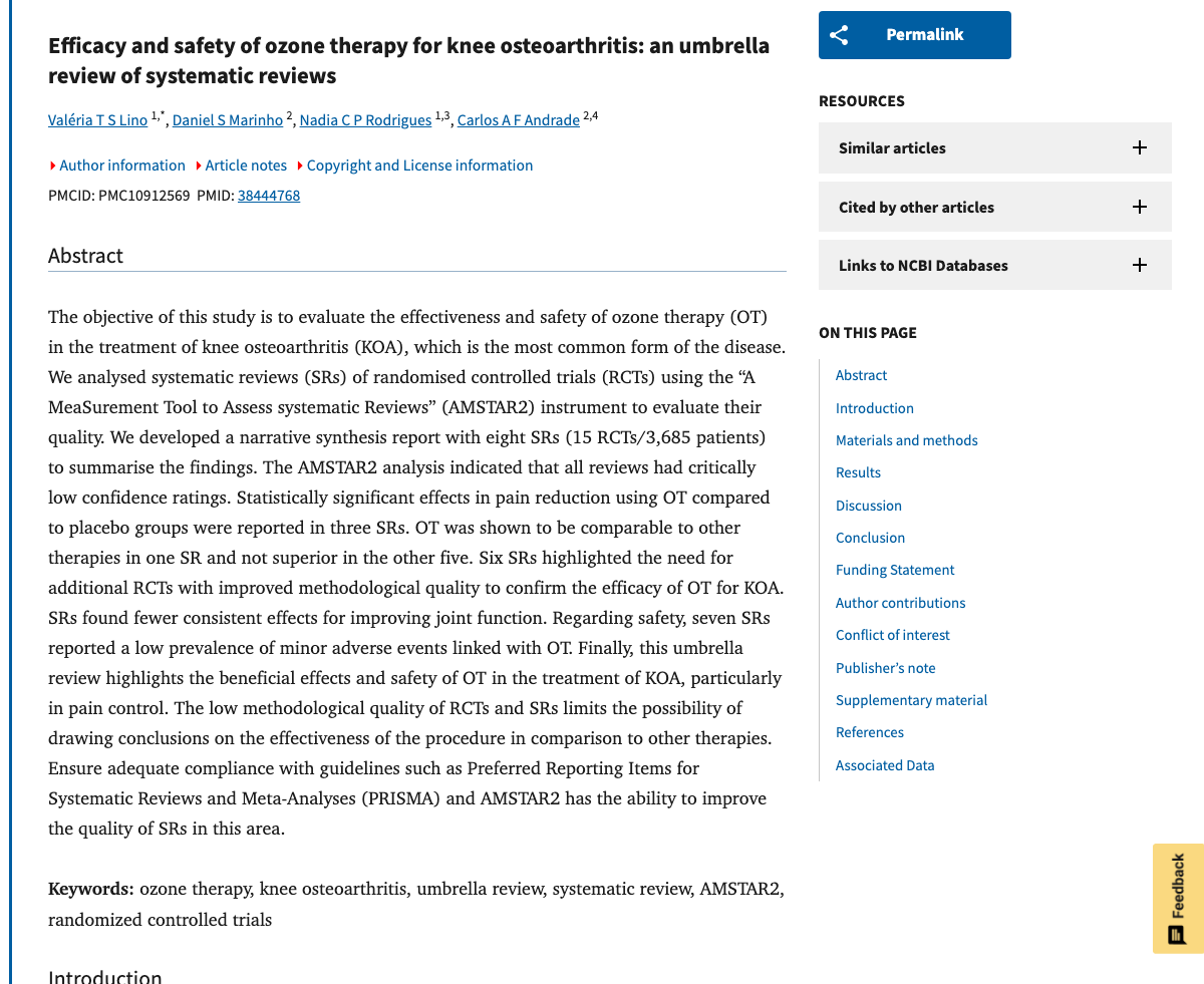 Title and abstract of Efficacy and safety of ozone therapy for knee osteoarthritis: an umbrella review of systematic reviews.
