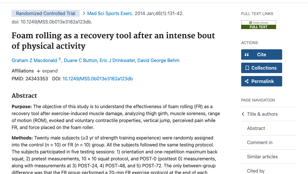 Title and abstract of Foam rolling as a recovery tool after an intense bout of physical activity