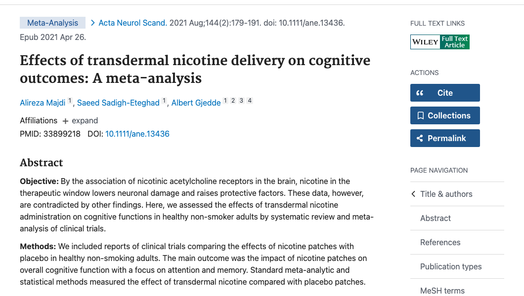 Title and abstract of Effects of transdermal nicotine delivery on cognitive outcomes: A meta-analysis.