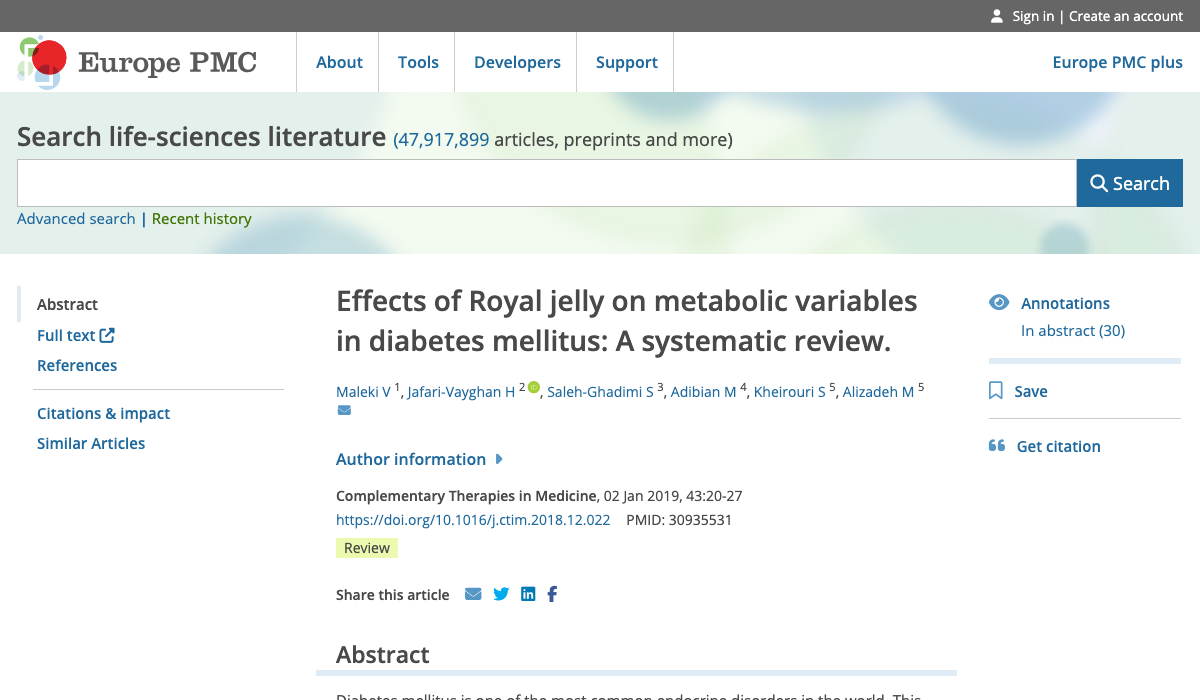 Title and abstract of Effects of Royal jelly on metabolic variables in diabetes mellitus: A systematic review.