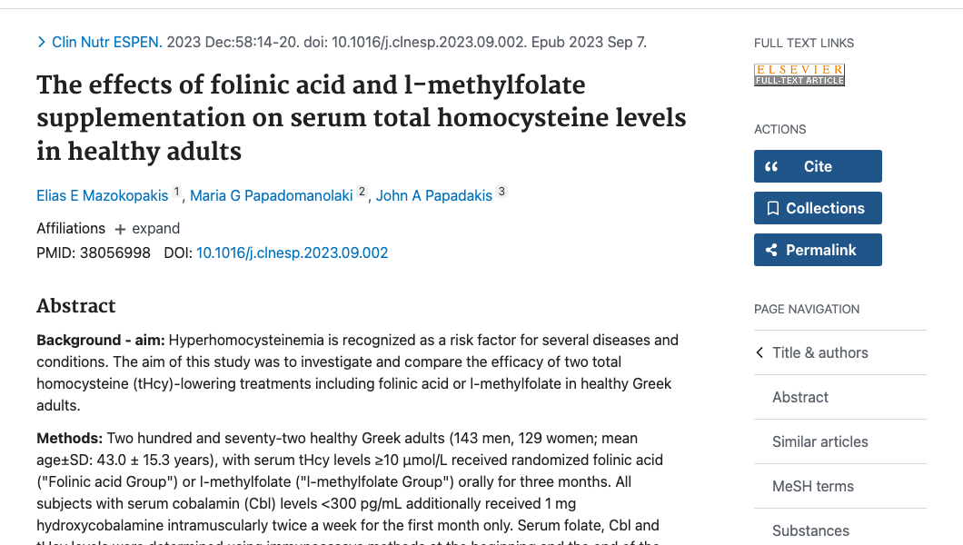 Title and abstract of The effects of folinic acid and l-methylfolate supplementation on serum total homocysteine levels in healthy adults.