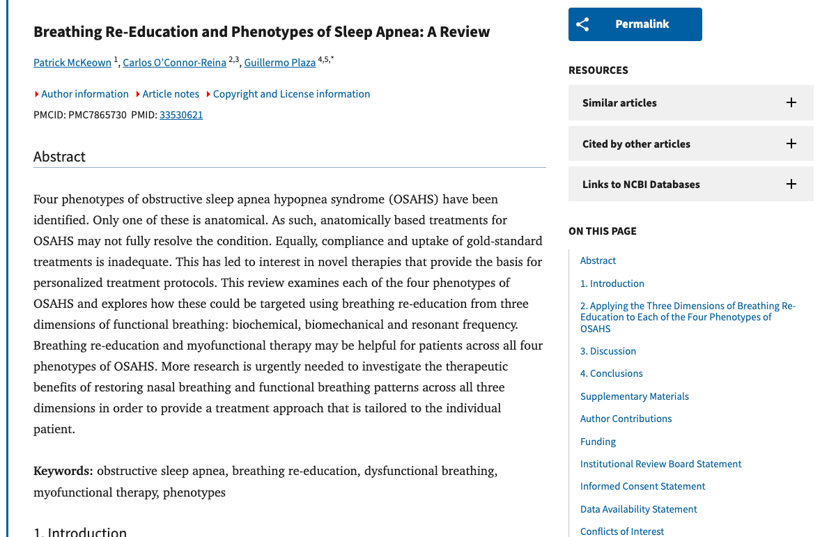 Title and abstract of Breathing Re-Education and Phenotypes of Sleep Apnea: A Review.